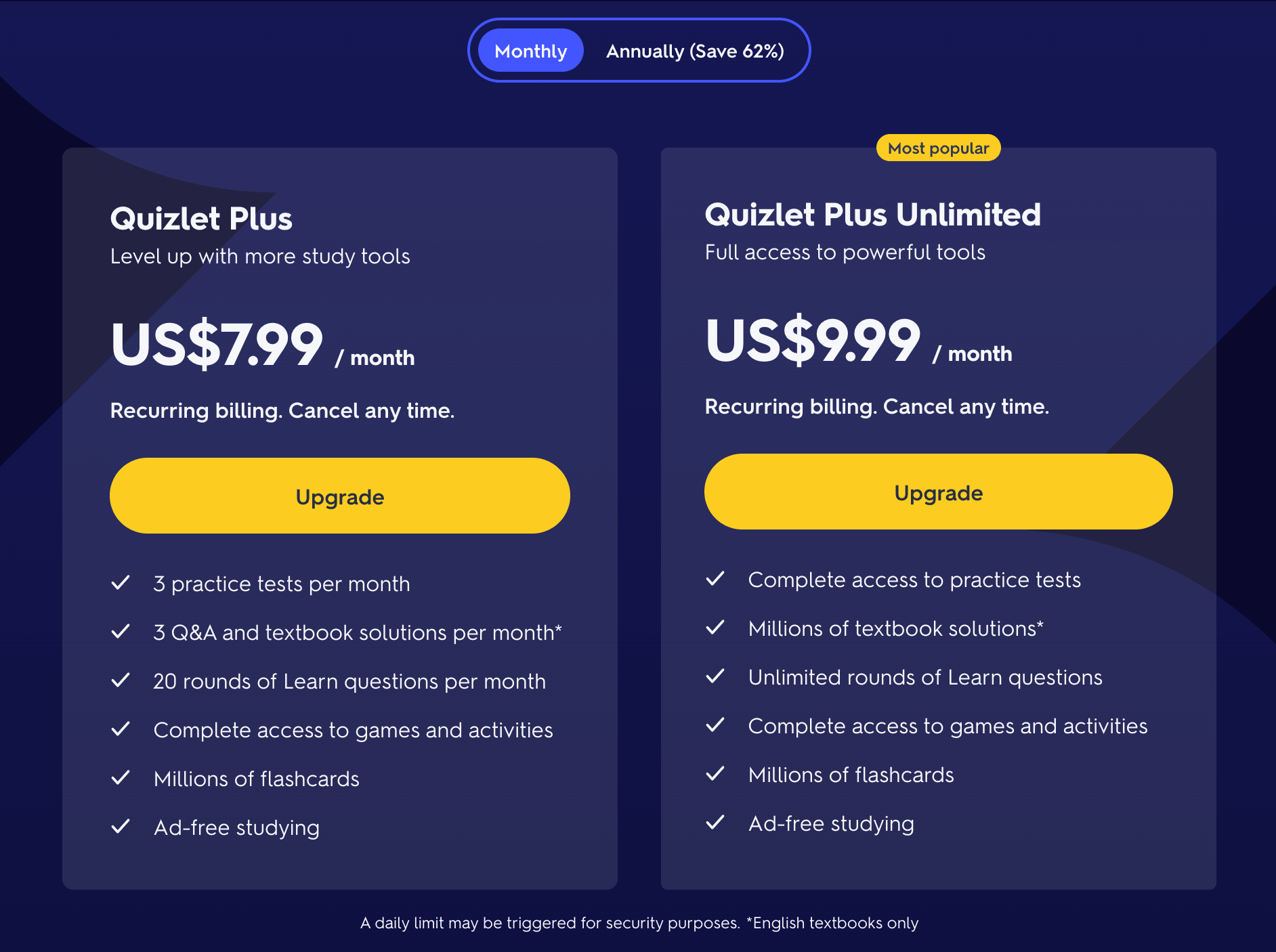 Does Quizlet bill monthly or annually?