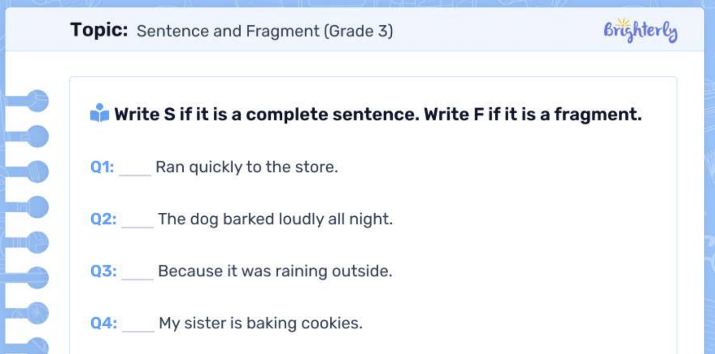 Sentence fragments worksheet: Examples