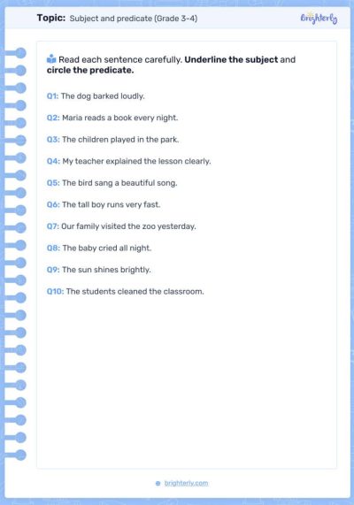 Subject and Predicate Worksheets PDF