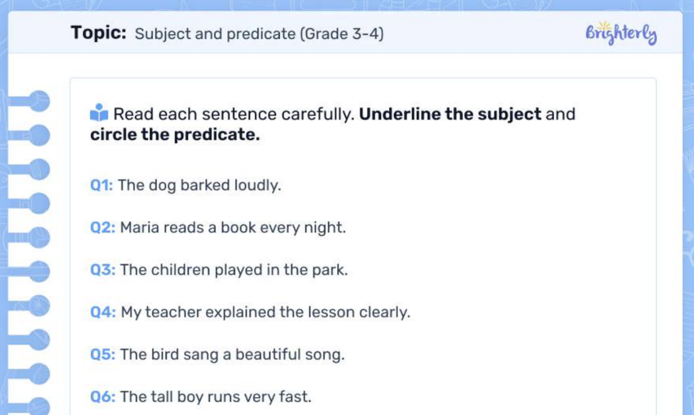 Simple subject and predicate worksheets: Examples
