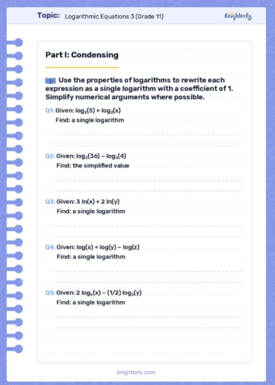 Logarithmic Equations Worksheets