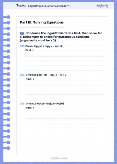 Logarithmic Equations Worksheets