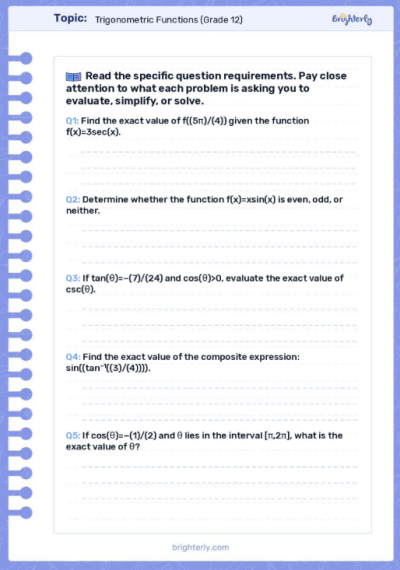 Trigonometric Functions Worksheets (Grade 12)