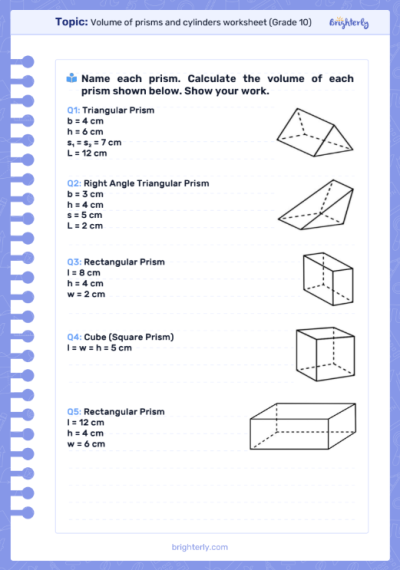 Volume of Prisms and Cylinders Worksheets