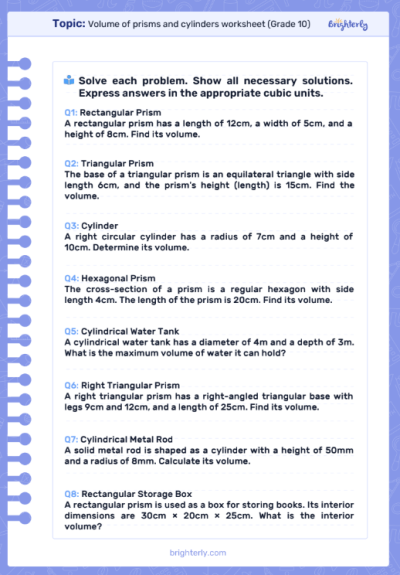Volume of Prisms and Cylinders Worksheets