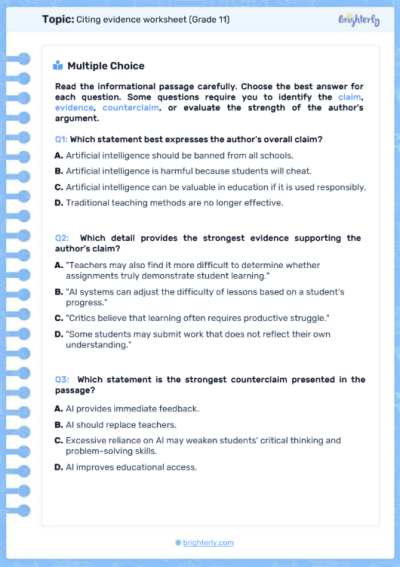 Citing Evidence Worksheets 11th Grade 2