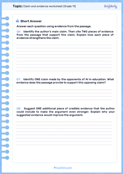 Claim and Evidence 11th Grade Worksheets
