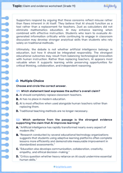 Claim and Evidence 11th Grade Worksheets