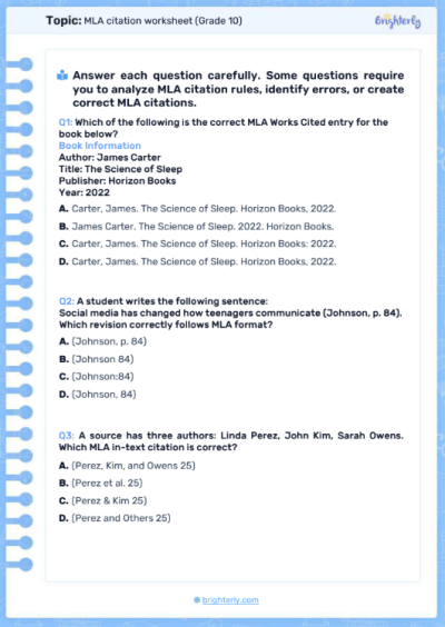 MLA Citation Worksheets