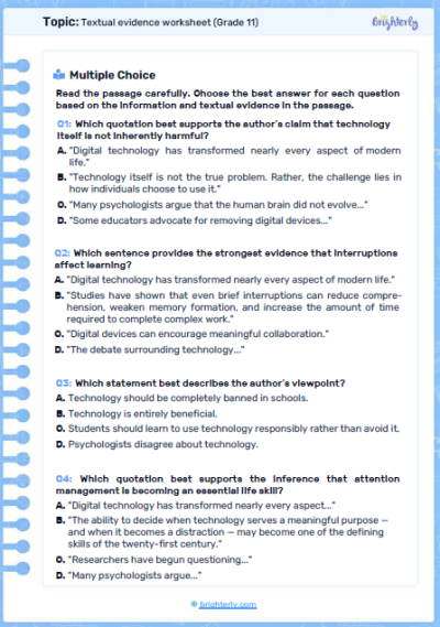 Textual Evidence Worksheets 11th Grade