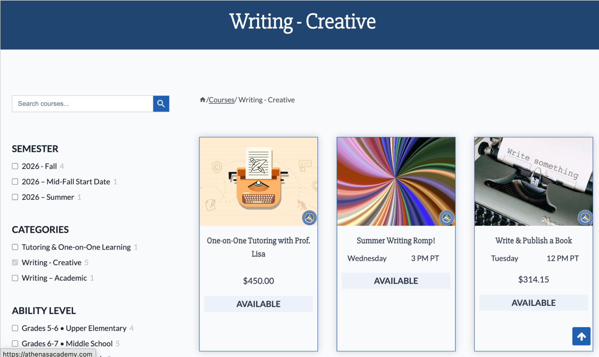 Athena's Advanced Academy Writing Classes