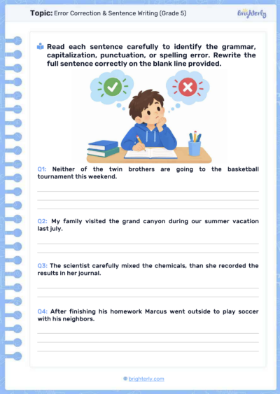 Error correction sentence writing (Grade 5)