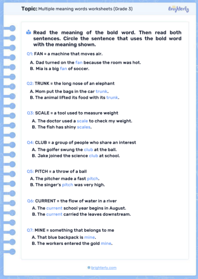 Multiple Meaning Words Worksheets