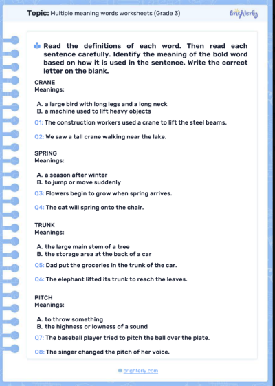 Multiple Meaning Words Worksheets