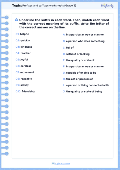 Prefixes and suffixes worksheets Grade 3