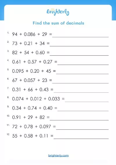 Addition With Decimals Worksheet