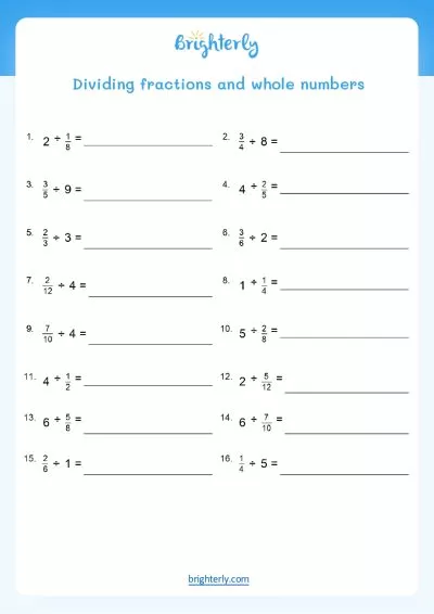 Dividing Fractions Problems Worksheet