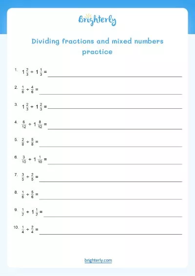 Divide Fractions Worksheet