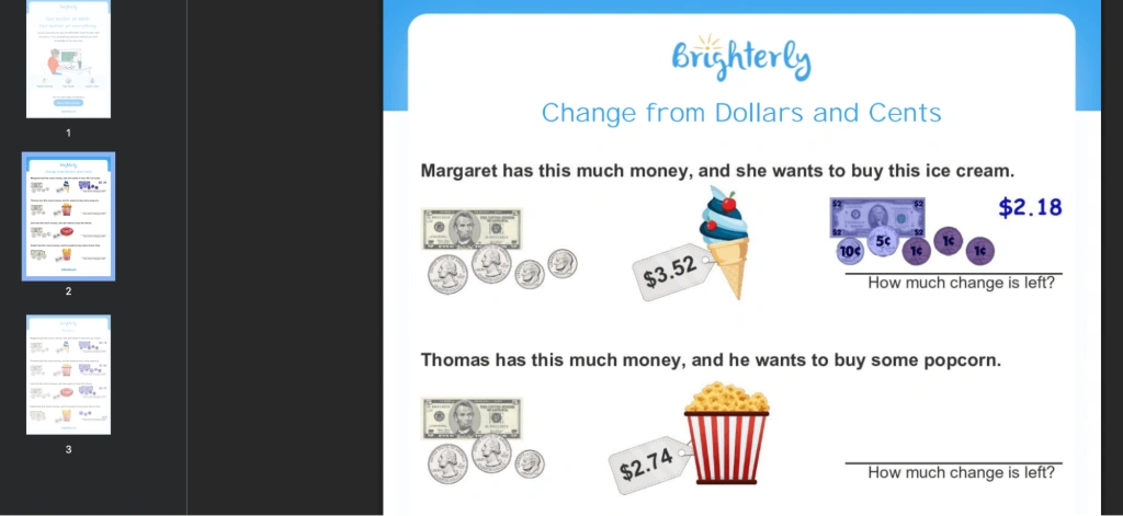 Money worksheets for kindergarten PDF: Examples