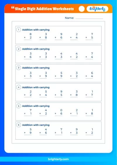 Adding Single Digit Numbers Worksheets