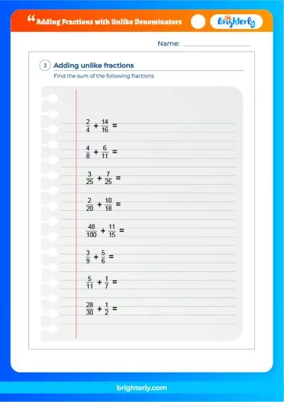 Adding Fractions With Unlike Denominators Worksheets With Answers