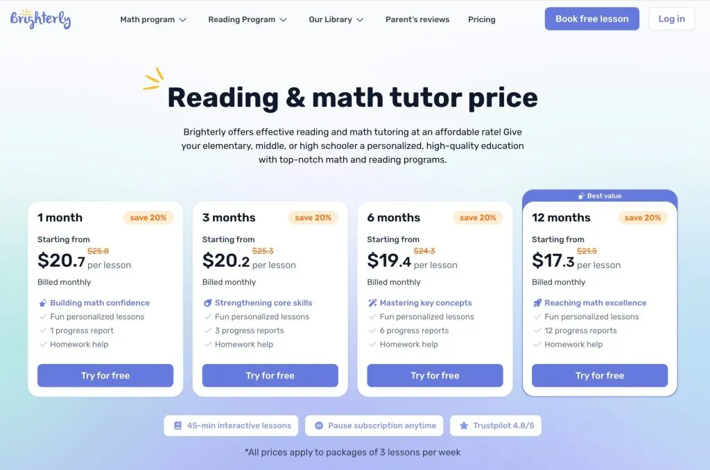 How much does homeschooling cost per year at Brighterly?