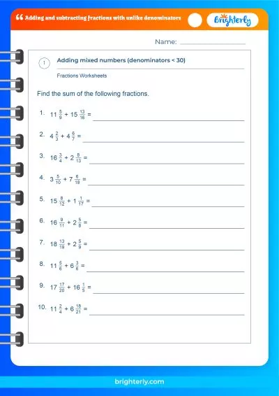 Adding And Subtracting Fractions Unlike Denominators Worksheet