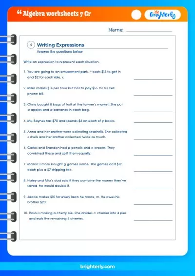 Algebra 7th Grade Worksheets