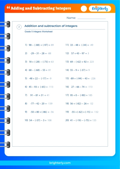 Addition And Subtraction Of Integers Worksheets With Answers Addition And Subtraction Of Integers Worksheets With Answers
