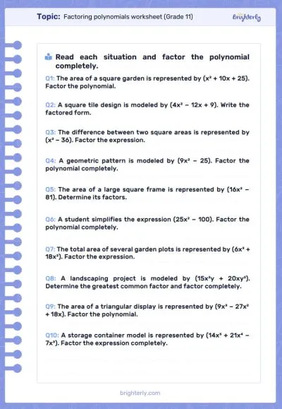Factoring Polynomials Worksheets Grade 9