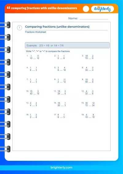 Compare Unlike Fractions Worksheet