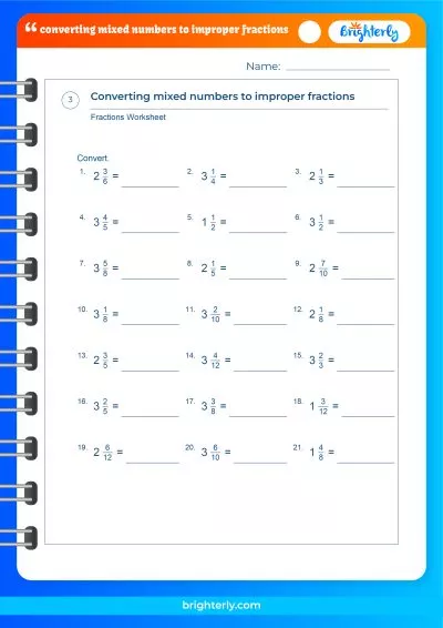 Changing Mixed Numbers To Improper Fractions Worksheet