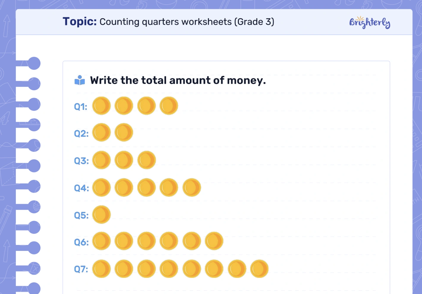 Counting quarters worksheets: Examples