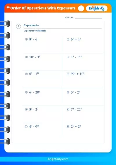 Order of Operations Exponents Worksheet
