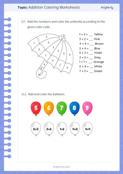 Addition Coloring Worksheet 1