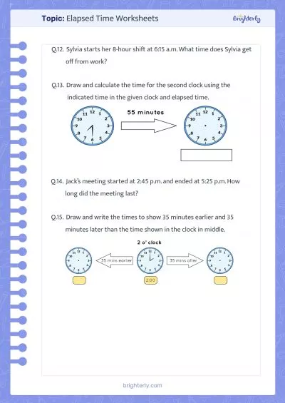 Elapsed Time Number Line Worksheets PDF