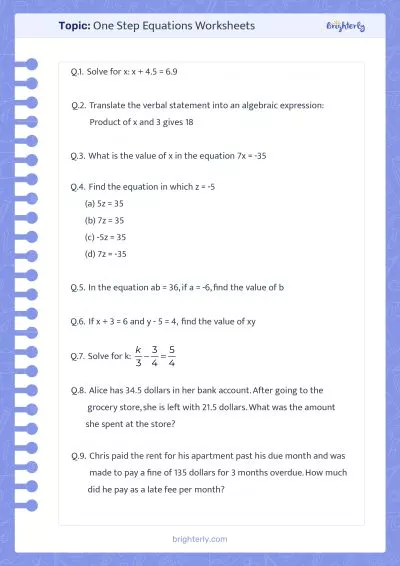 One Step Equations Worksheets 7th Grade