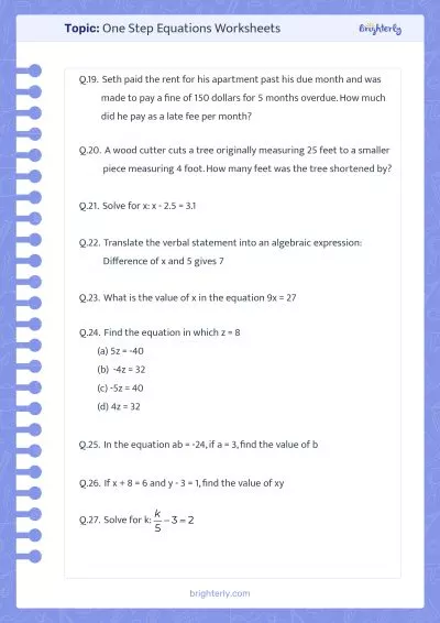One Step Algebra Equations Worksheets