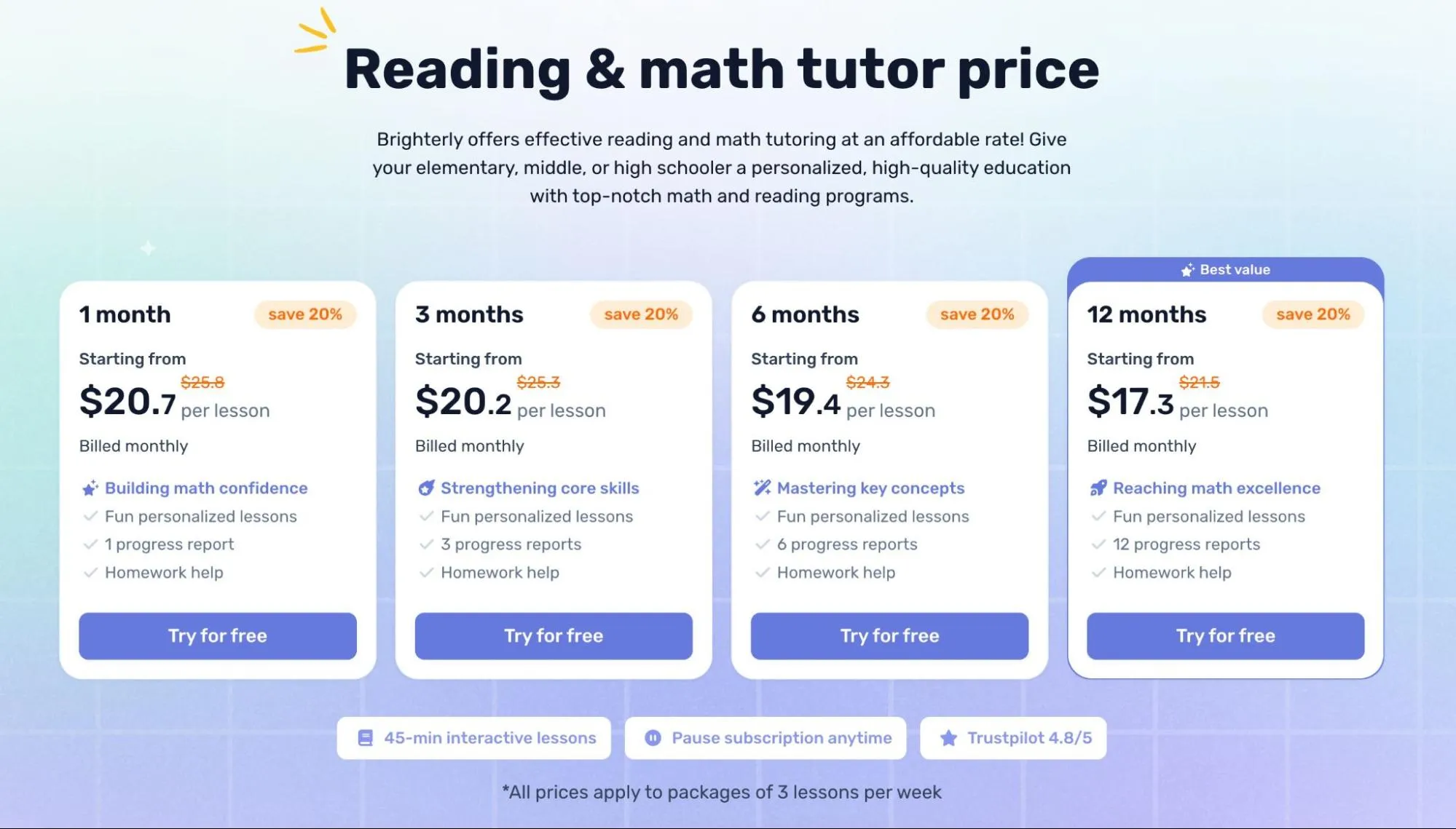 Brighterly pricing plans