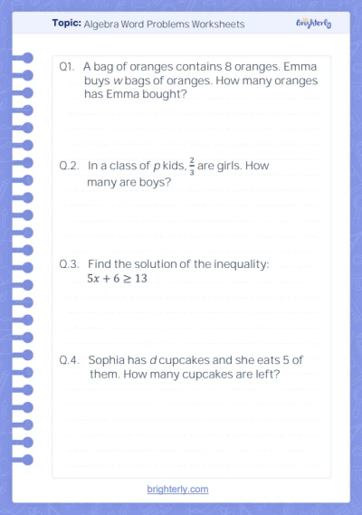 Algebra Word Problems Worksheets 1