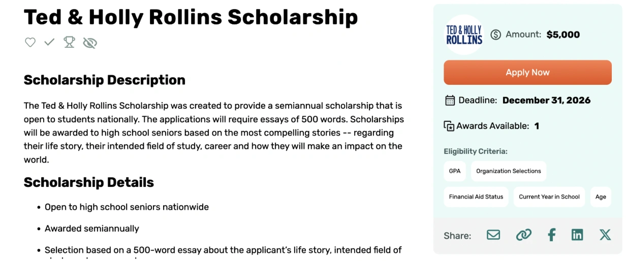 College scholarship for high school students #2 Ted & Holly Rollins Scholarship