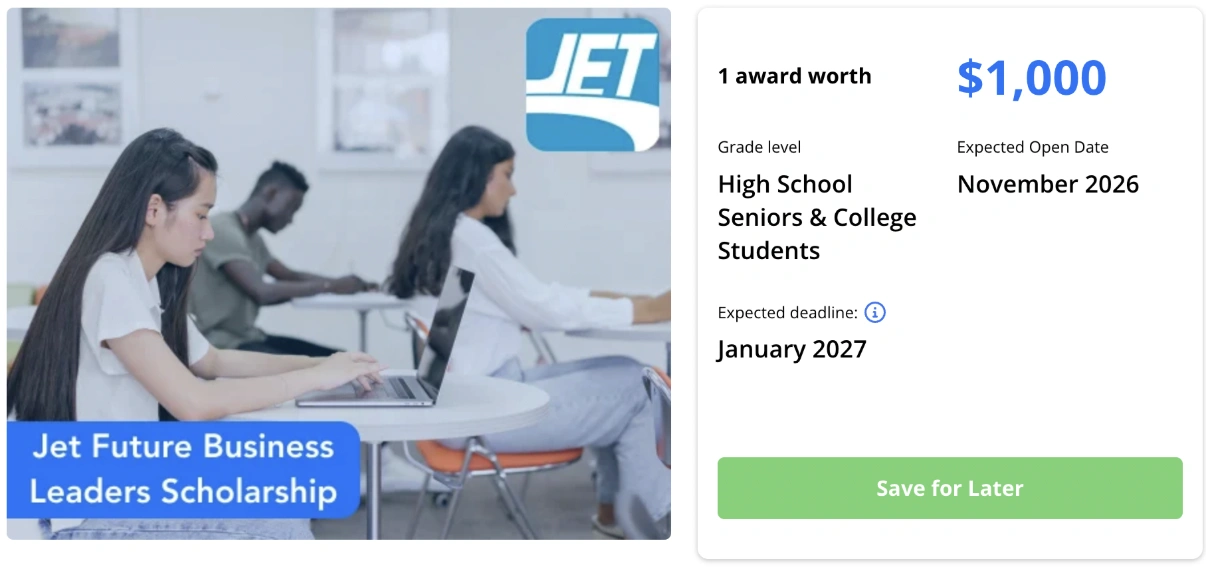College scholarship for high school students #3: Jet Future Business Leaders Scholarship
