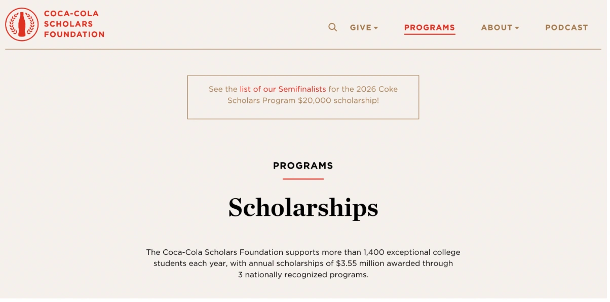 College scholarship for high school students #4: Coca-Cola Scholars Program