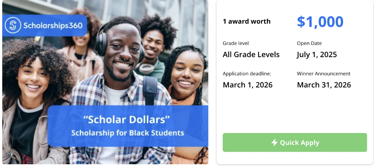 Scholarship for high school students #8: “Scholar Dollars” Essay for Black Students