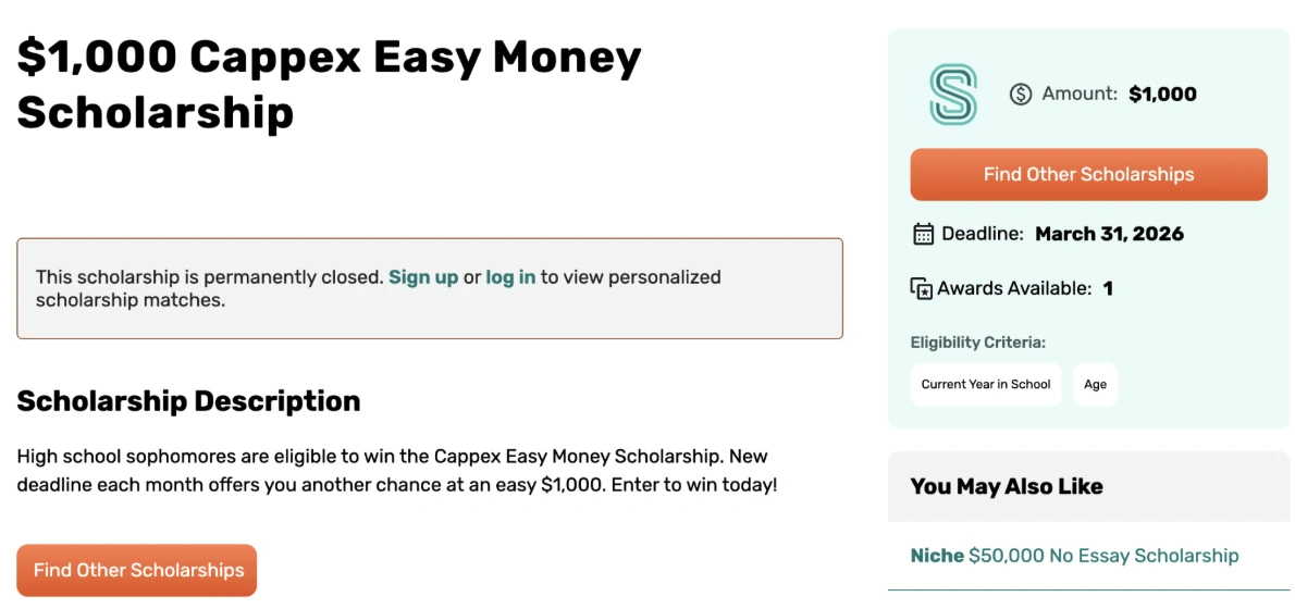Scholarship for high school students #10: Cappex Easy College Money 