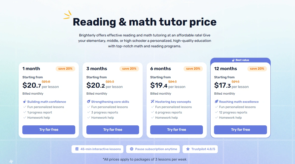 How much is Brighterly? Pricing