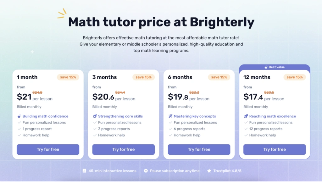 Brighterly reading tutor pricing and free features