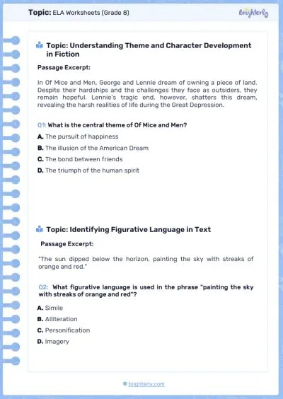8th Grade ELA Worksheet 3
