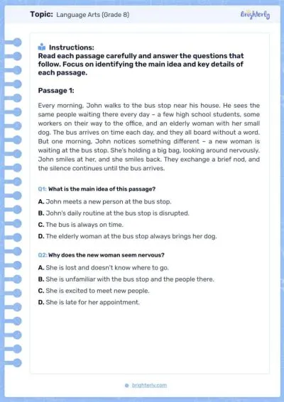 8th Grade ELA Worksheet 4