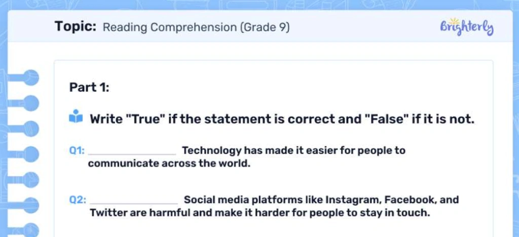 Reading comprehension 9th grade worksheets: Examples